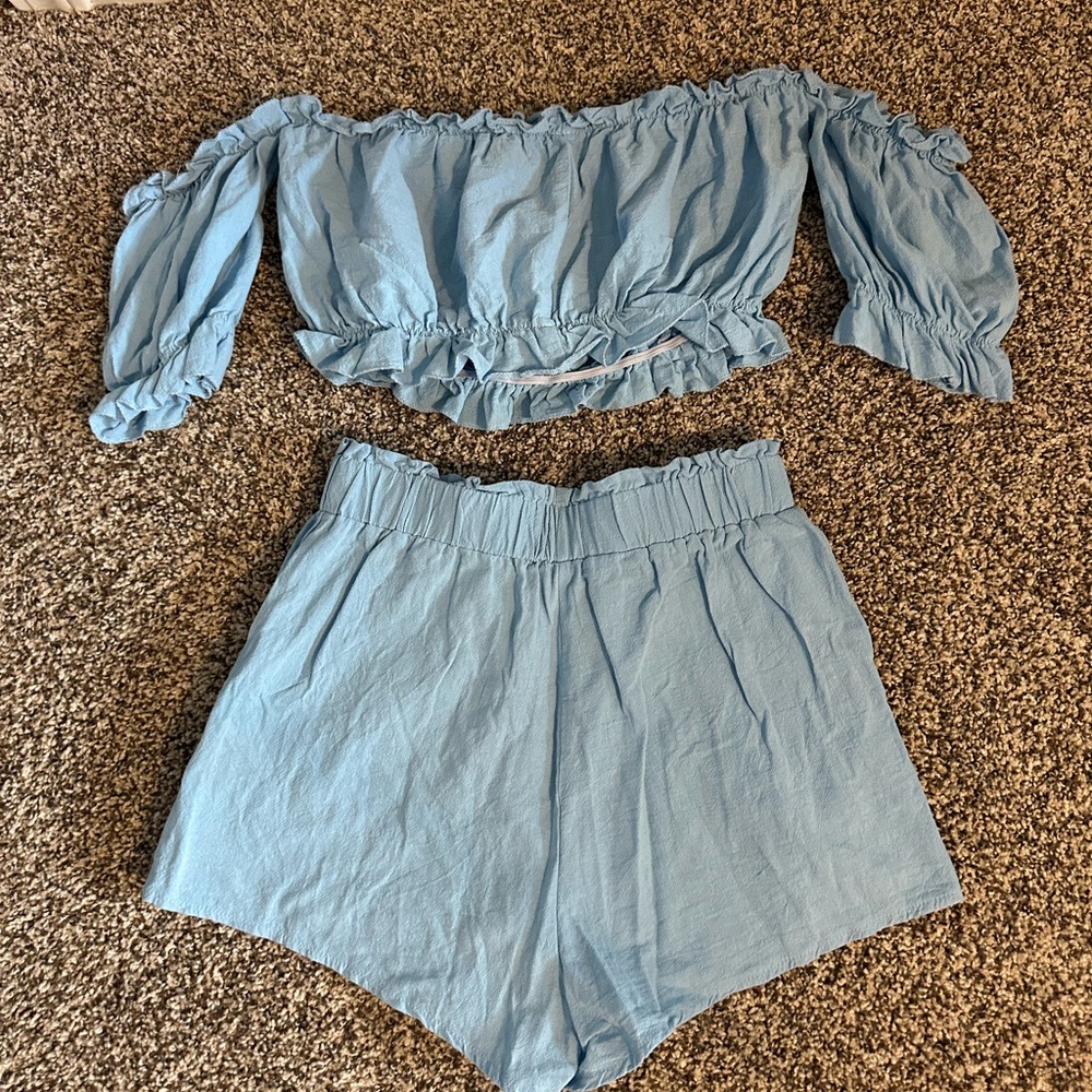 SHEIN Blue Off-Shoulder Tank Top and Shorts Set